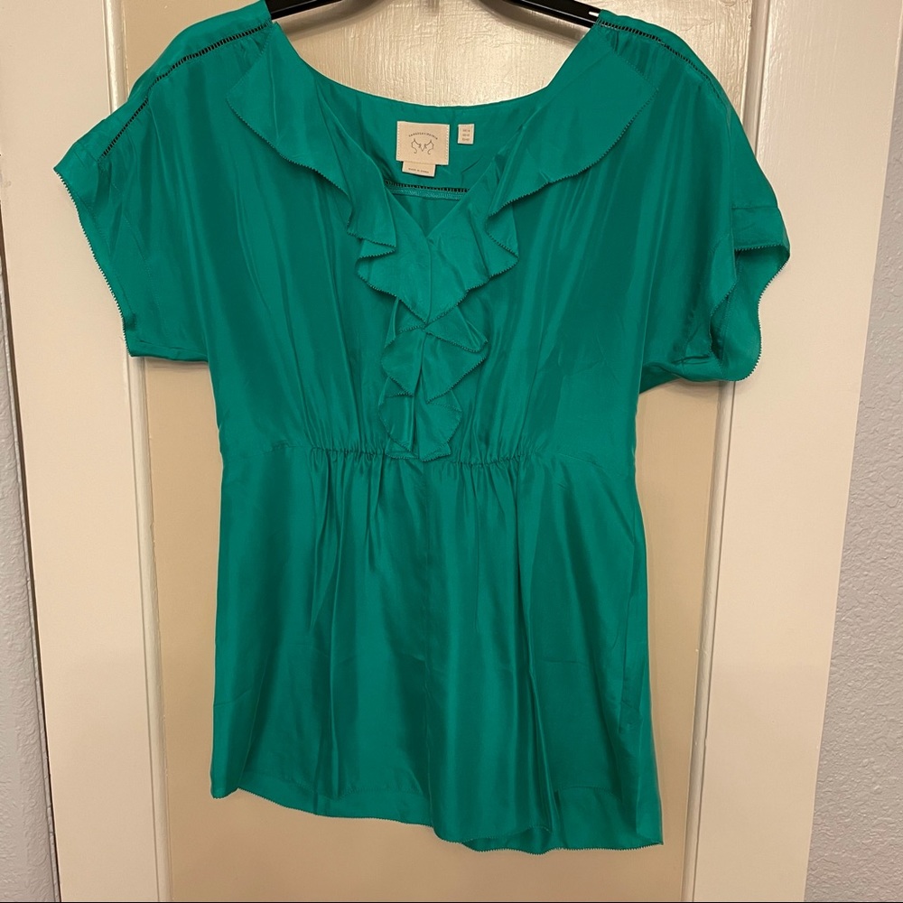 100% Silk Anthropologie Green Ruffle Blouse